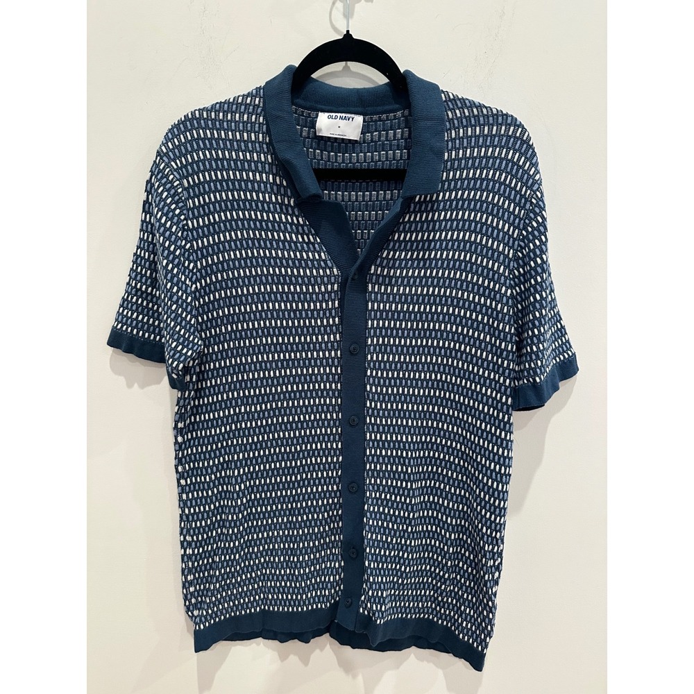 Old Navy Blue Textured Knit Button Up Short Sleeve Sweater Polo Shirt Medium